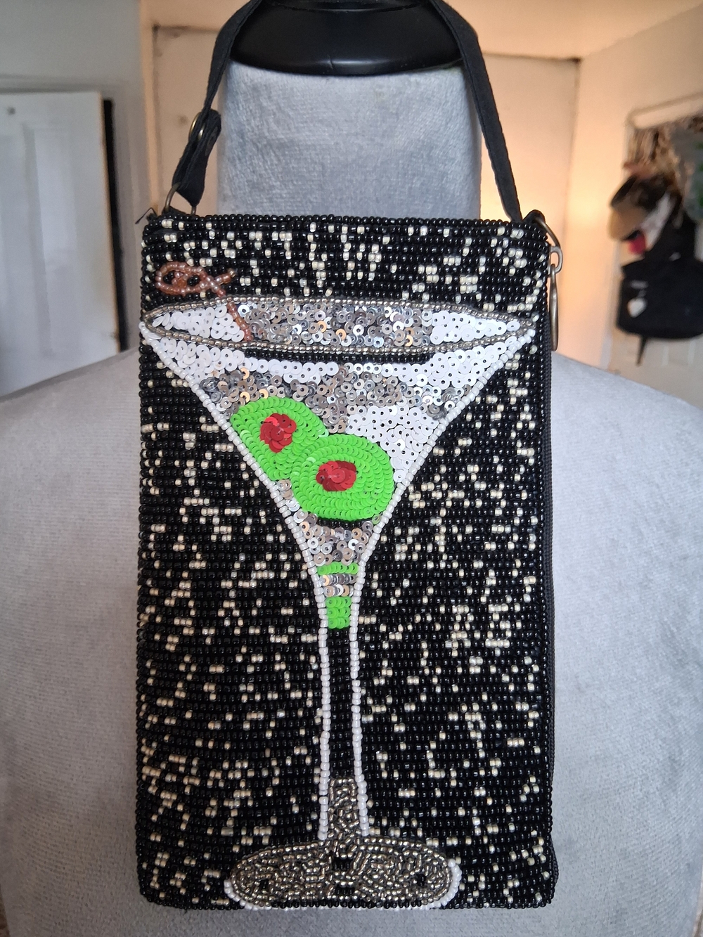 Beaded Martini Purse - Black with Green Olive Accent
